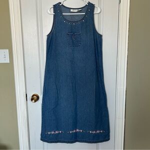 Lemon Grass Denim Sleeveless Dress with Floral Embroidery 100% Cotton